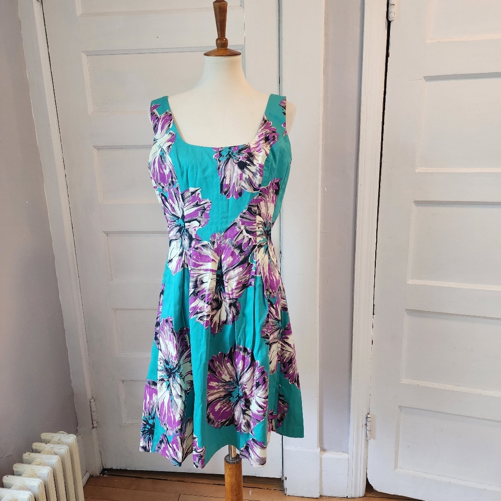 Nine West Turquoise Floral Midi Dress with Purple & White Accents